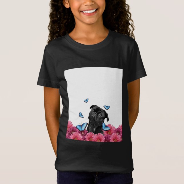 Camiseta Pug Preto Com Borboletas Azuis E Gerberas (Frente)