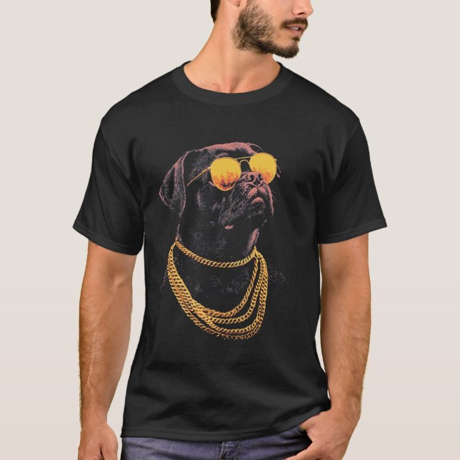 Camiseta Pug Preto com Óculos de Sol (Frente)