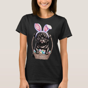 Camiseta Pug preto com orelhas de coelho ovo de páscoa colo
