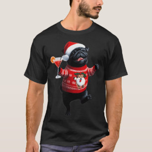 Camiseta Pug preto de Natal dançando com um coquetel