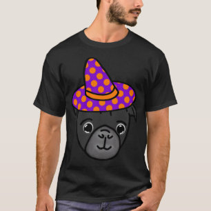 Camiseta Pug preto em chapéu de bruxa com bolinhas