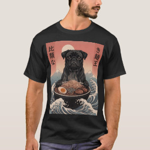 Camiseta Pug Preto Engraçado Macarrão Ramen Japonês Vintage