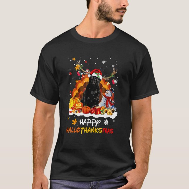 Camiseta Pug Preto Feliz Hallothanksmas (Frente)