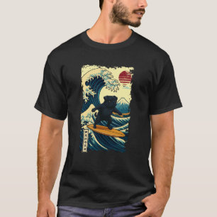 Camiseta Pug Preto Onda Japonesa Kanagawa Surfando Japão Ma