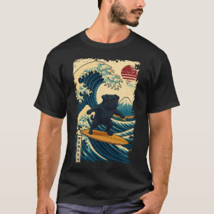Camiseta Pug preto onda japonesa Kanagawa surfe Japão mãe