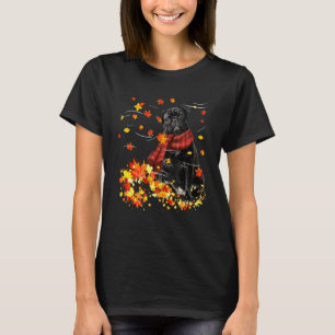 Camiseta Pug Preto Outono Cachecol Vermelho Folha de Outono