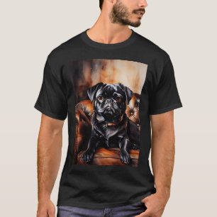 Camiseta Pug preto relaxando em um sofá de couro.