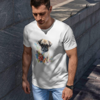 Camiseta Pug Puppy Pet Watercolor Flor