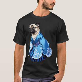 Camiseta Pug Real em Hanbok Azul com Bordado Intrincado