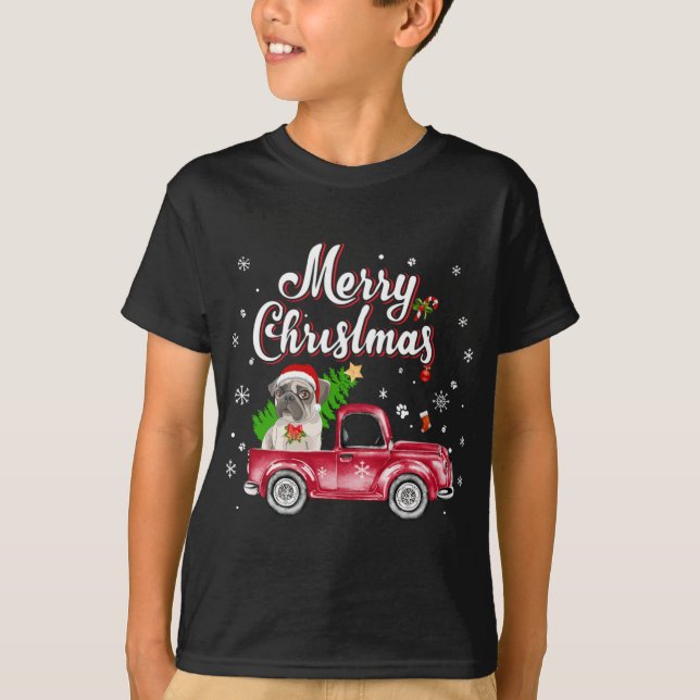 Camiseta Pug Retriever Rides Red Truck Natal Pajama (Frente)