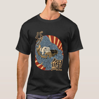 Camiseta Pug Riding Koi Através Da Onda Japonesa Vintage D