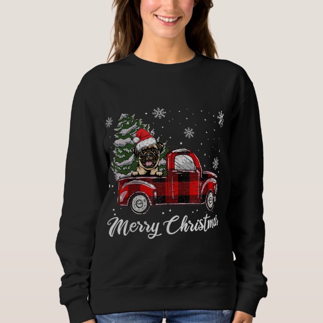 Camiseta Pug Riding Red Truck Árvore de Natal (Frente)