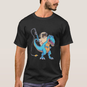 Camiseta Pug Riding Rex Dinossaur Pescar Cachorro Engraçad