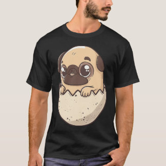 Camiseta pug saindo de um ovo, cachorrinho kawaii chibi com