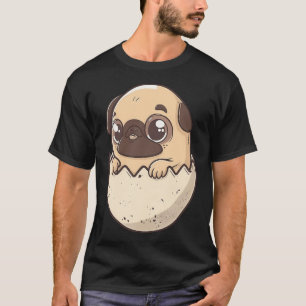 Camiseta pug saindo de um ovo, cachorrinho kawaii chibi com