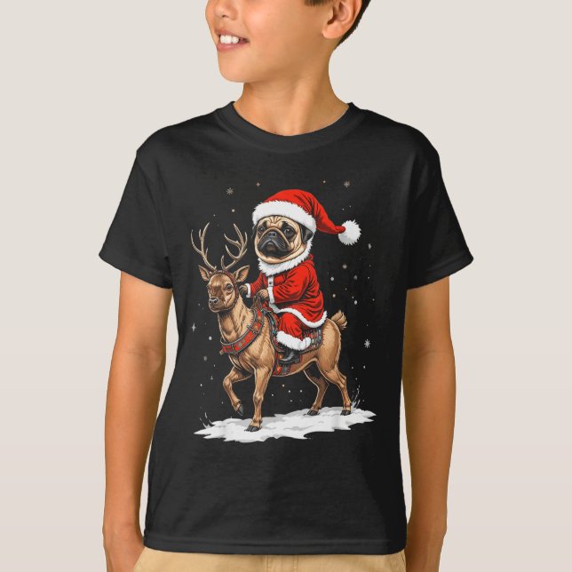 Camiseta Pug Santa Riding Reindeer Christmas Holiday Puppy  (Frente)