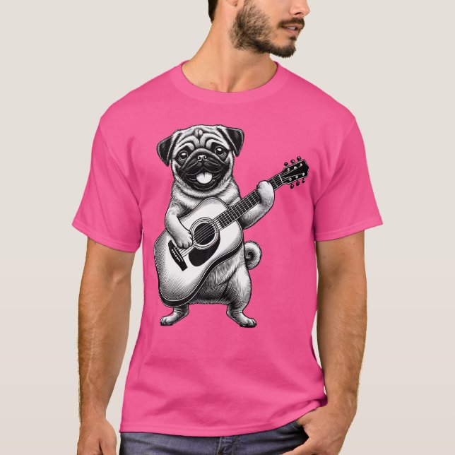 Camiseta Pug Tocando Violão Guitarrista Engraçado Pug Violã (Frente)