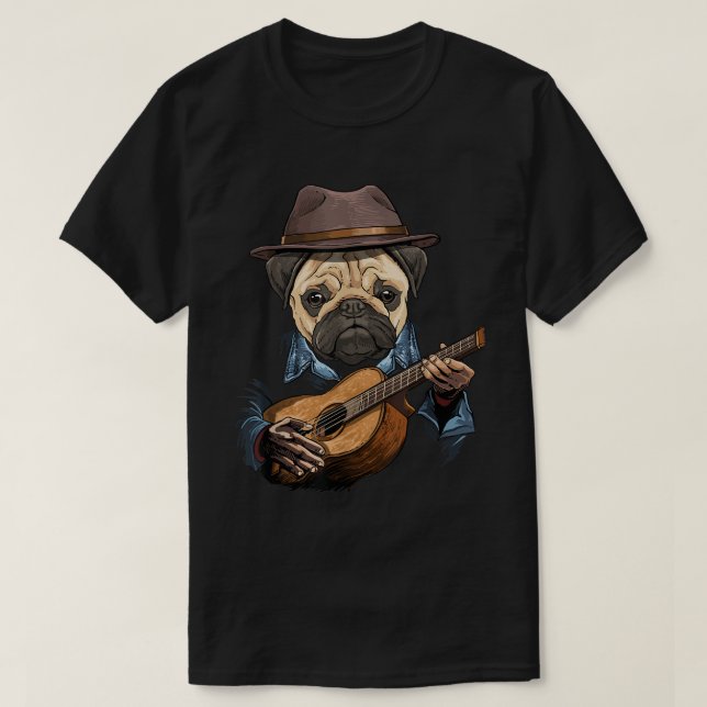 Camiseta Pug Tocando Violão Pug Mãe Pug Pai Cachorro Sobre  (Frente do Design)