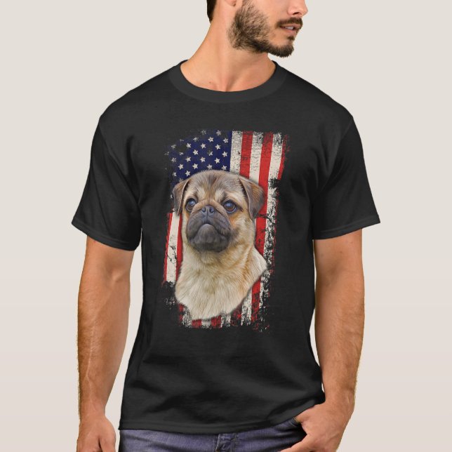 Camiseta Pug Vintage - Bandeira Americana Patriótica Cão 4º (Frente)