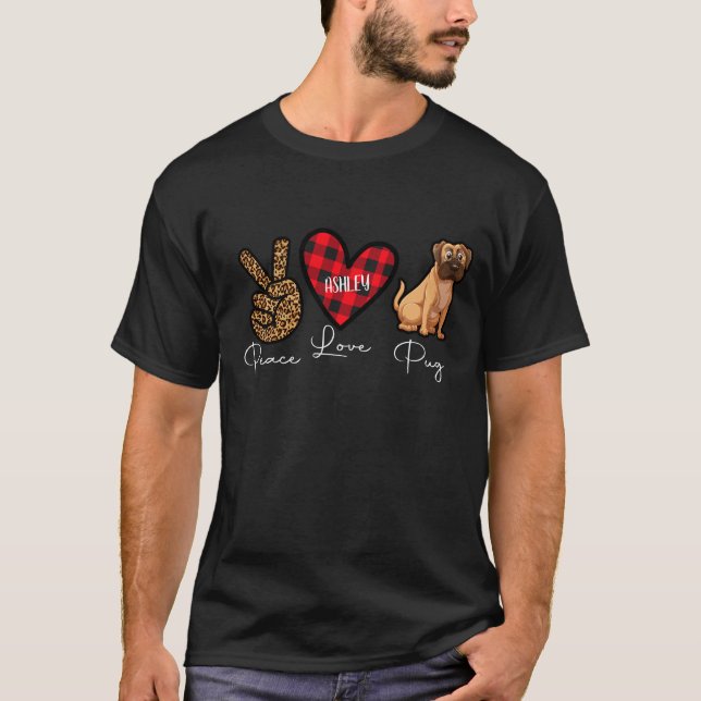 Camiseta Pug Xadrez Peace Love Cachorro (Frente)