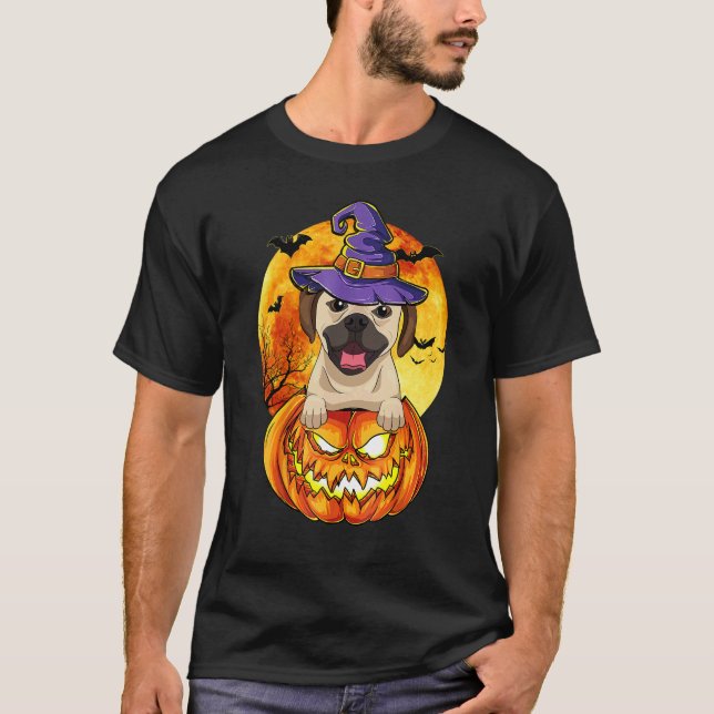 Camiseta Puggle Bruxa Abóbora Halloween Cachorro (Frente)