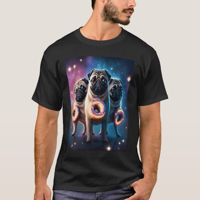 Camiseta Pugs No Espaço Com Donuts Cute Pug Meninos Meninas (Frente)