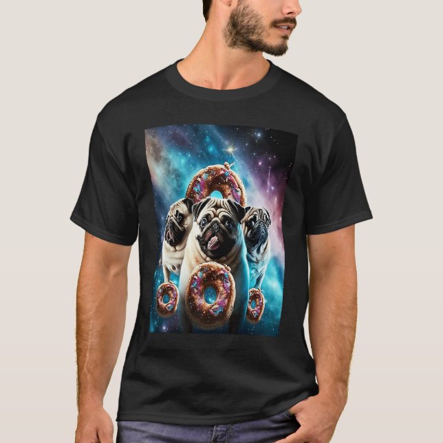 Camiseta Pugs No Espaço Com Donuts Lindos Rapazes Raparigas (Frente)