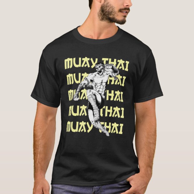 Camiseta Pulando Crânio Muay Tailandês Combatendo Texto Rep (Frente)