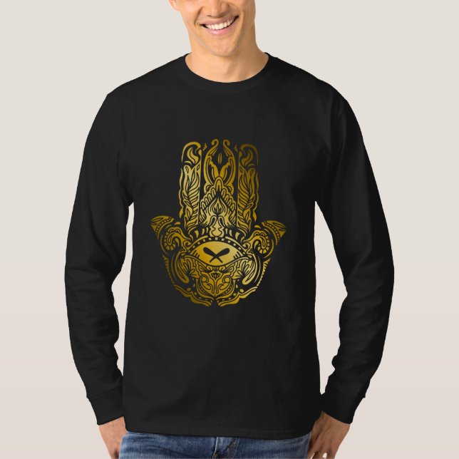 Camiseta Pulseira Hamsa Árabe Dourada Amuleto (Frente)