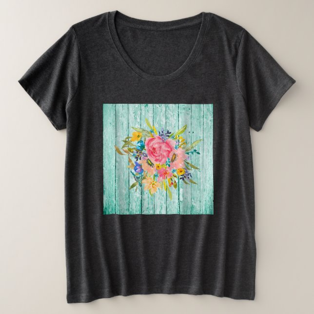Camiseta Pulverização Floral com Rosa de Aquarelas Aqua de  (Frente do Design)