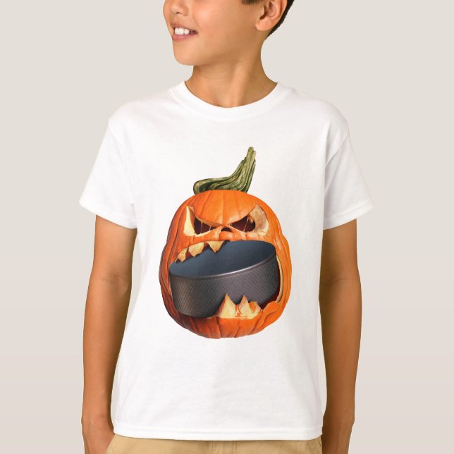 Camiseta Pumpkin Assustador do Halloween Comendo Puck (Frente)