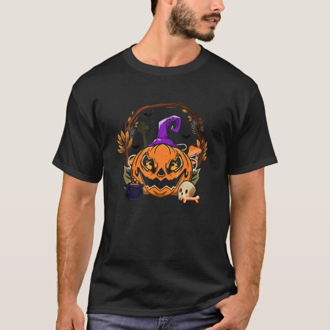 Camiseta Pumpkin Com Chapéu De Bruxa E Morcegos Halloween (Frente)