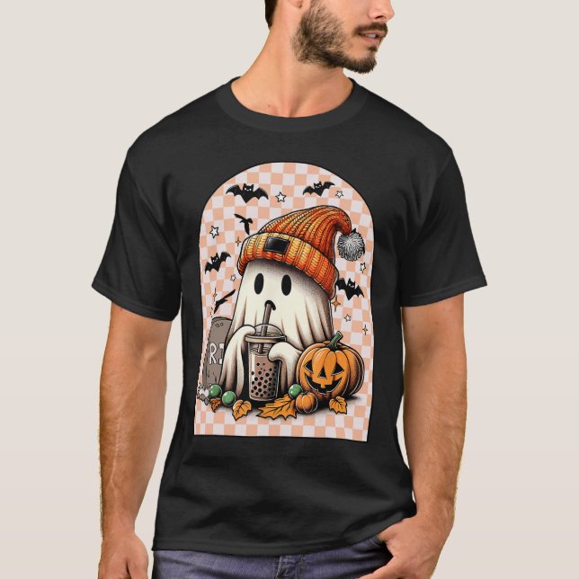 Camiseta Pumpkin de café verde-Bebendo-fantasma (Frente)
