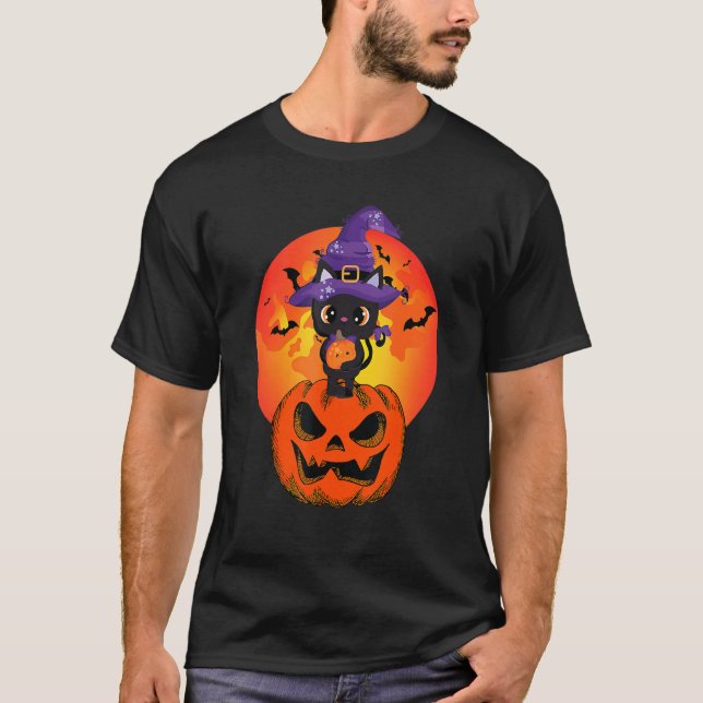 Camiseta Pumpkin De Chapéu De Bruxa Negra De Halloween Para (Frente)