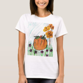 Camiseta Pumpkin de queda branca com flores roxas