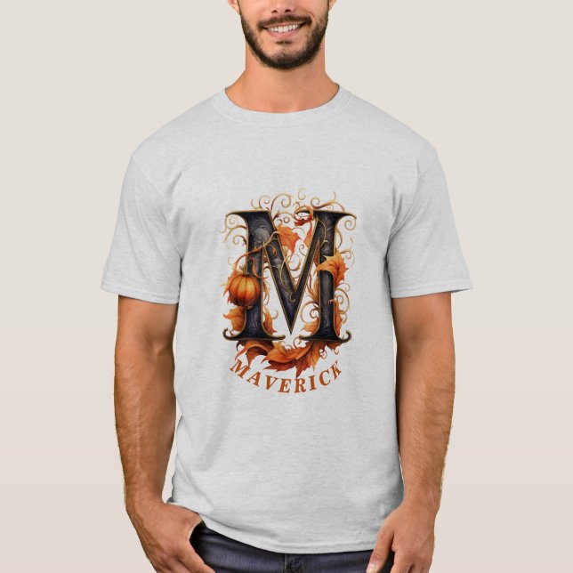 Camiseta Pumpkin Halloween - Letra M Monograma Floral (Frente)