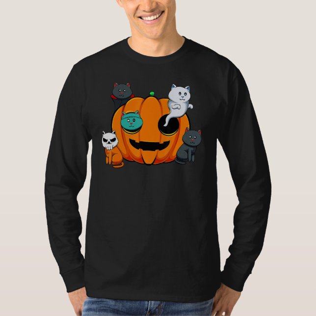 Camiseta Pumpkin Monster Cats Lazy Halloween Costume Cute K (Frente)