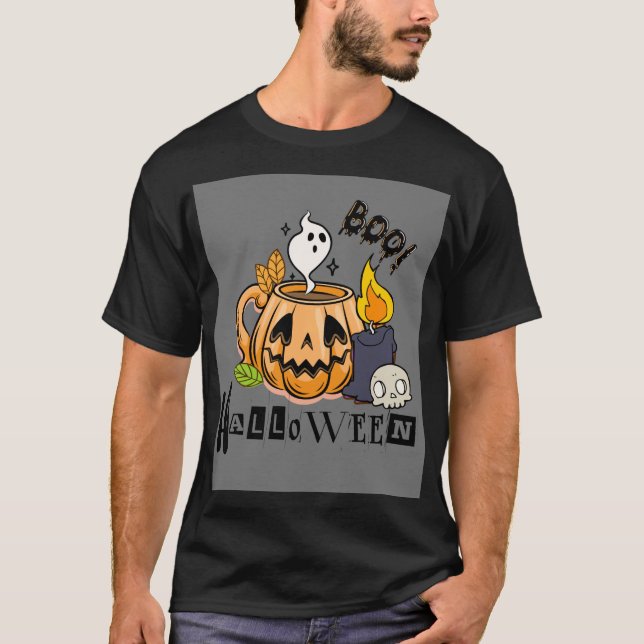 Camiseta Pumpkin Mug assombrado com Ghost-Spooky Boo! Camis (Frente)