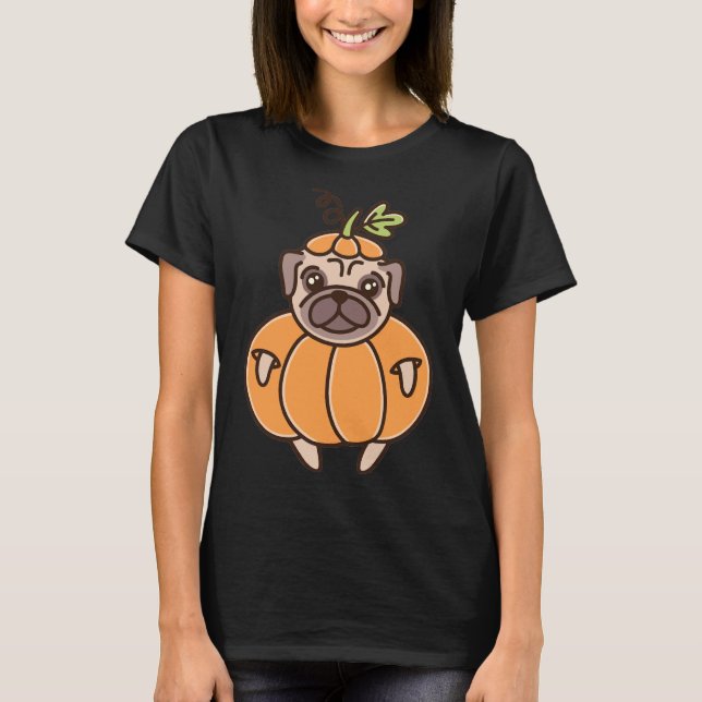 Camiseta Pumpkin Pug Happy Halloween Rosa (Frente)
