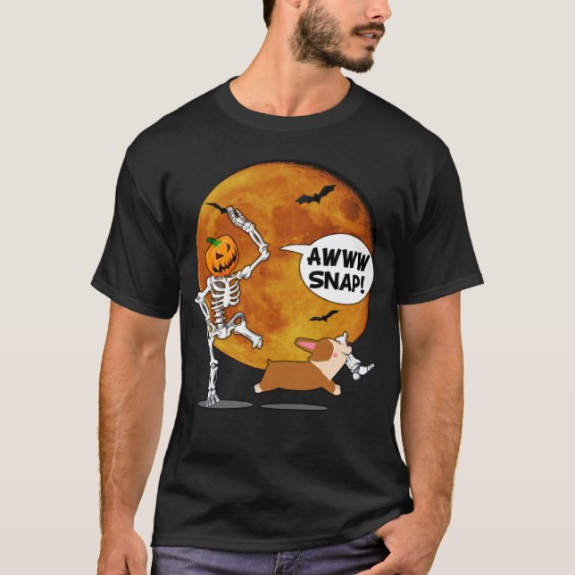 Camiseta Pumpkin Skeleton Quebrou Perna Halloween Corgi (Frente)