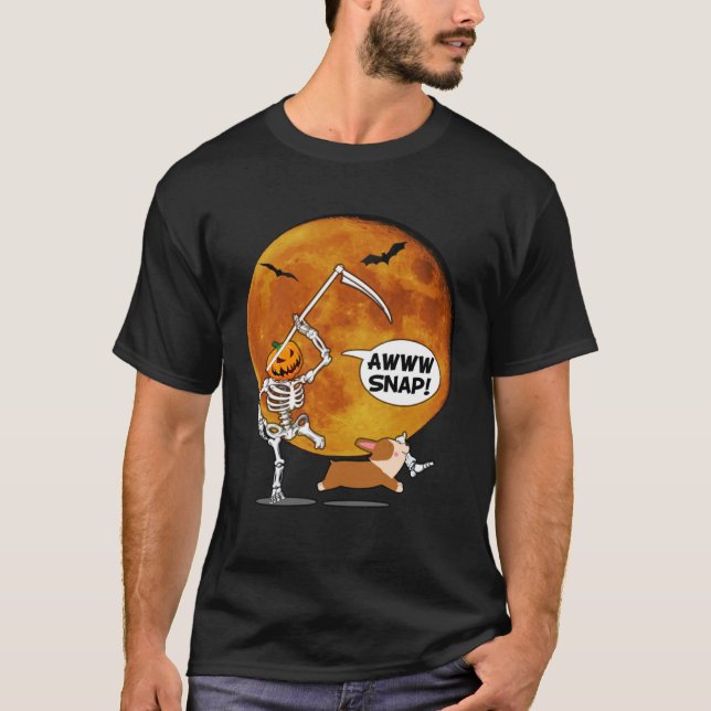 Camiseta Pumpkin Skeleton Quebrou Perna Halloween Corgi Rea (Frente)