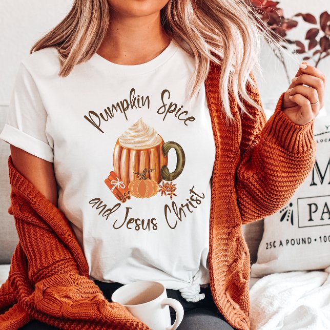 Camiseta Pumpkin Spice e Jesus Cristo Christian (Pumpkin Spice and Jesus Christ Christian T-Shirt for the Autumn and Fall Season)
