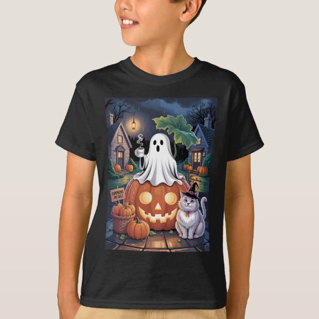 Camiseta Pumpkins For Sale & Caffeine Ghost With Cat (Frente)