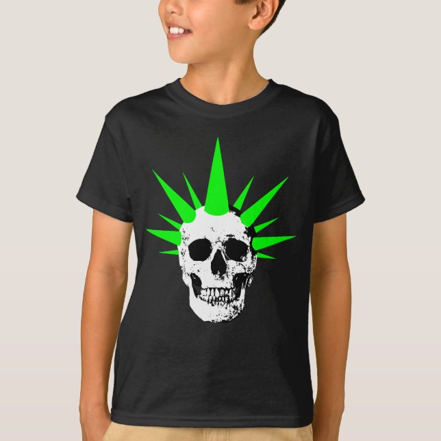 Camiseta Punk Rock Skull com Neon Green Spikey Hair (Frente)
