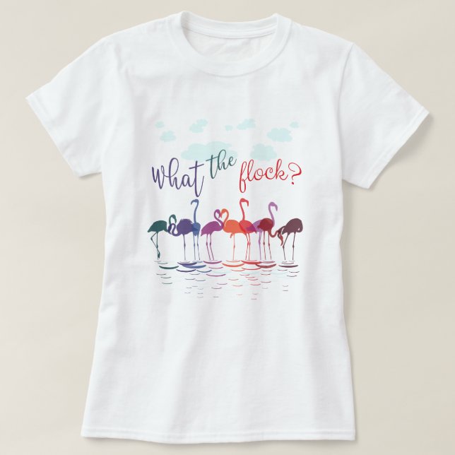Camiseta Punny What the Flock Flamingos (Frente do Design)