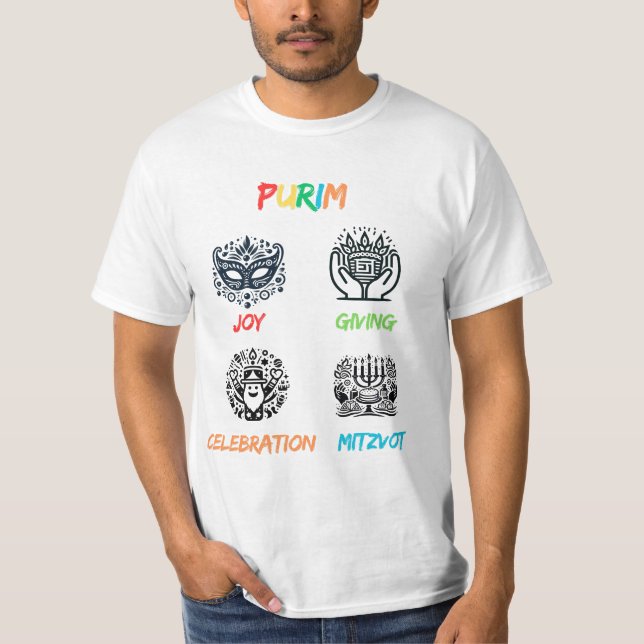 CAMISETA PURIM: JOY DANDO CELEBRAÇÃO E MITZVOT (Frente)