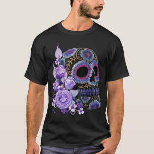 Camiseta Purple Floral Black Sugar Skull Dia Dos Mortos