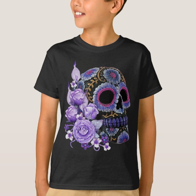 Camiseta Purple Floral Black Sugar Skull Dia Dos Mortos (Frente)