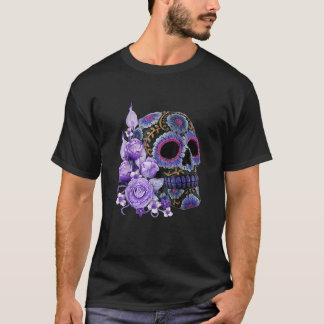 Camiseta Purple Floral Black Sugar Skull Dia Dos Mortos T