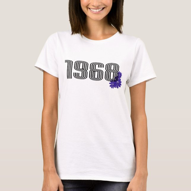 Camiseta Púrpura do Hippie do Sinal de Poder Flor 1968 (Frente)